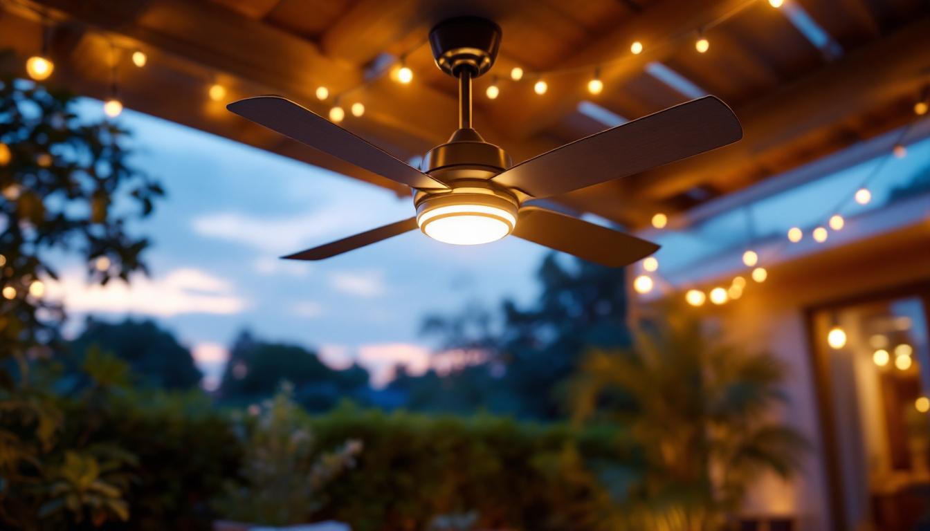 A photograph of a beautifully designed outdoor ceiling fan with integrated lighting