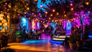 A photograph of a vibrant outdoor setting illuminated by colorful led lights