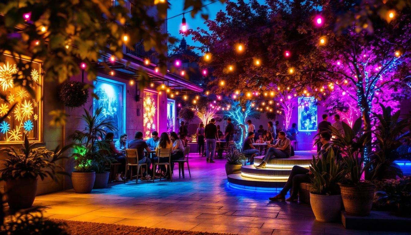 A photograph of a vibrant outdoor setting illuminated by colorful led lights