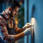 A photograph of a skilled electrician installing a modern panel outlet in a well-lit residential or commercial space