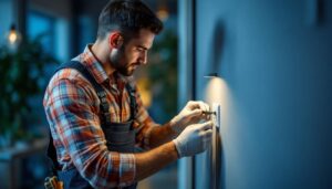 A photograph of a skilled electrician installing a modern panel outlet in a well-lit residential or commercial space