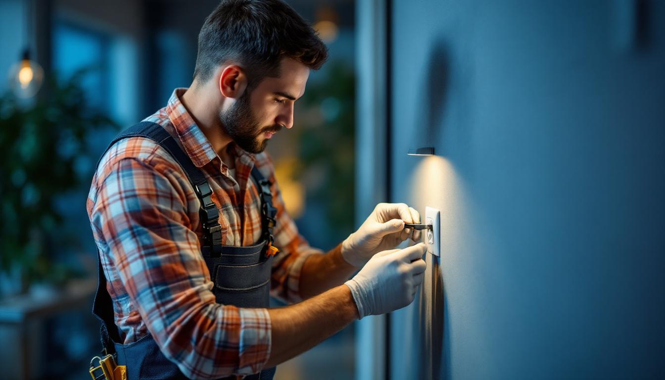 A photograph of a skilled electrician installing a modern panel outlet in a well-lit residential or commercial space