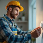 A photograph of a lighting contractor installing a humidity sensing switch in a modern home environment