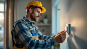 A photograph of a lighting contractor installing a humidity sensing switch in a modern home environment