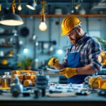 A photograph of a lighting contractor in action