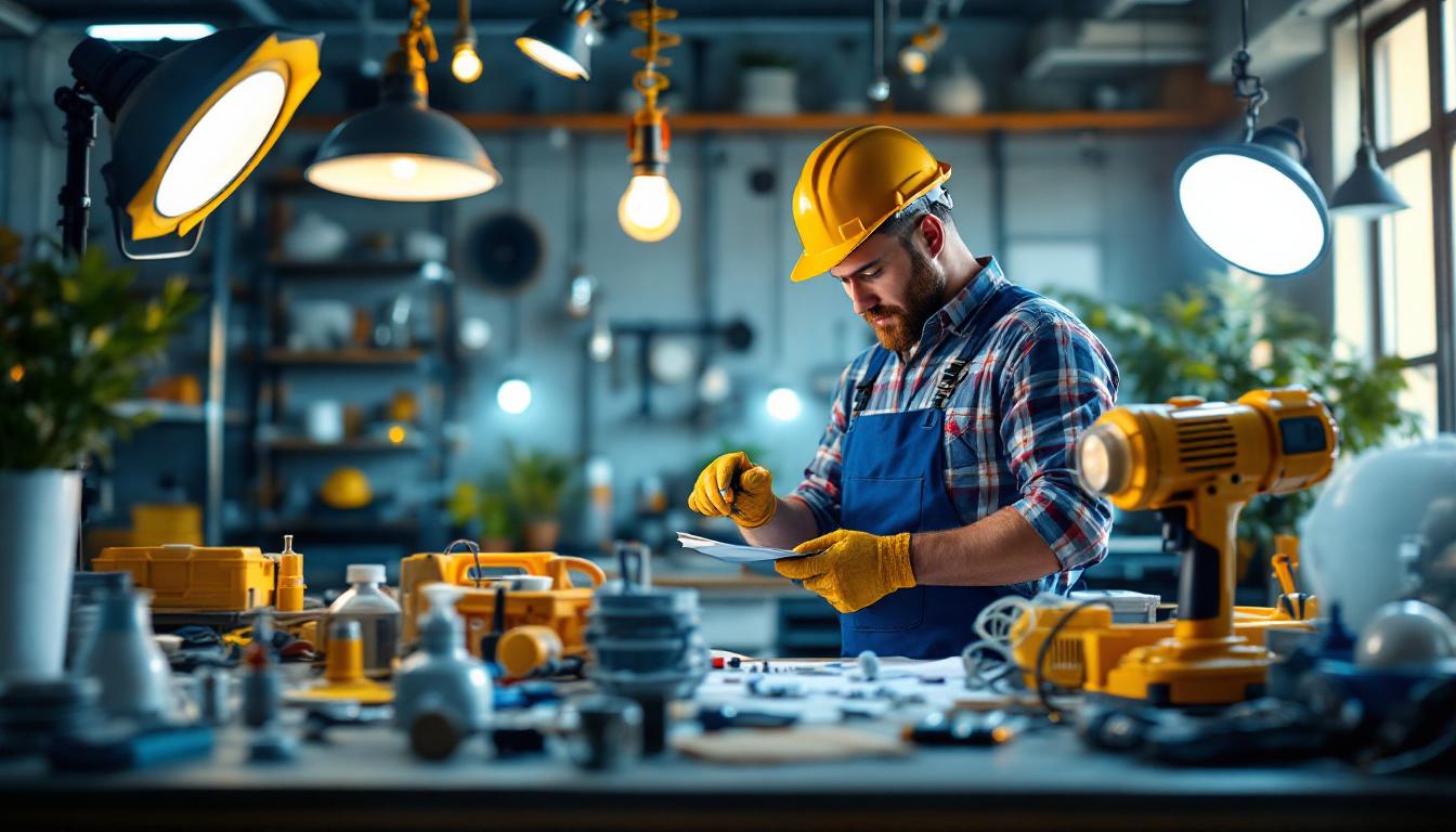 A photograph of a lighting contractor in action