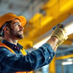A photograph of a lighting contractor expertly installing or adjusting a philips f32t8/tl741 fluorescent light fixture in a commercial setting