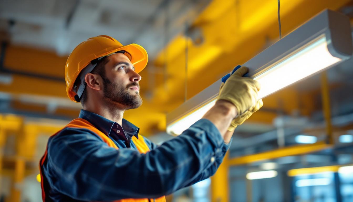 A photograph of a lighting contractor expertly installing or adjusting a philips f32t8/tl741 fluorescent light fixture in a commercial setting