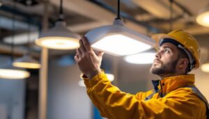 A photograph of a lighting contractor installing or testing modern indoor emergency lights in a commercial setting