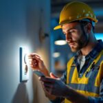 A photograph of a lighting contractor inspecting a round outlet installation in a well-lit