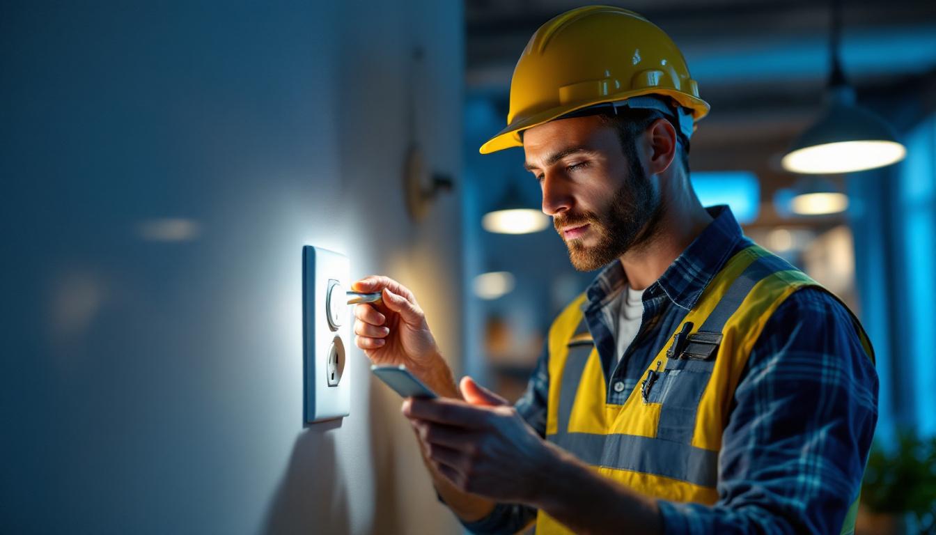 A photograph of a lighting contractor inspecting a round outlet installation in a well-lit