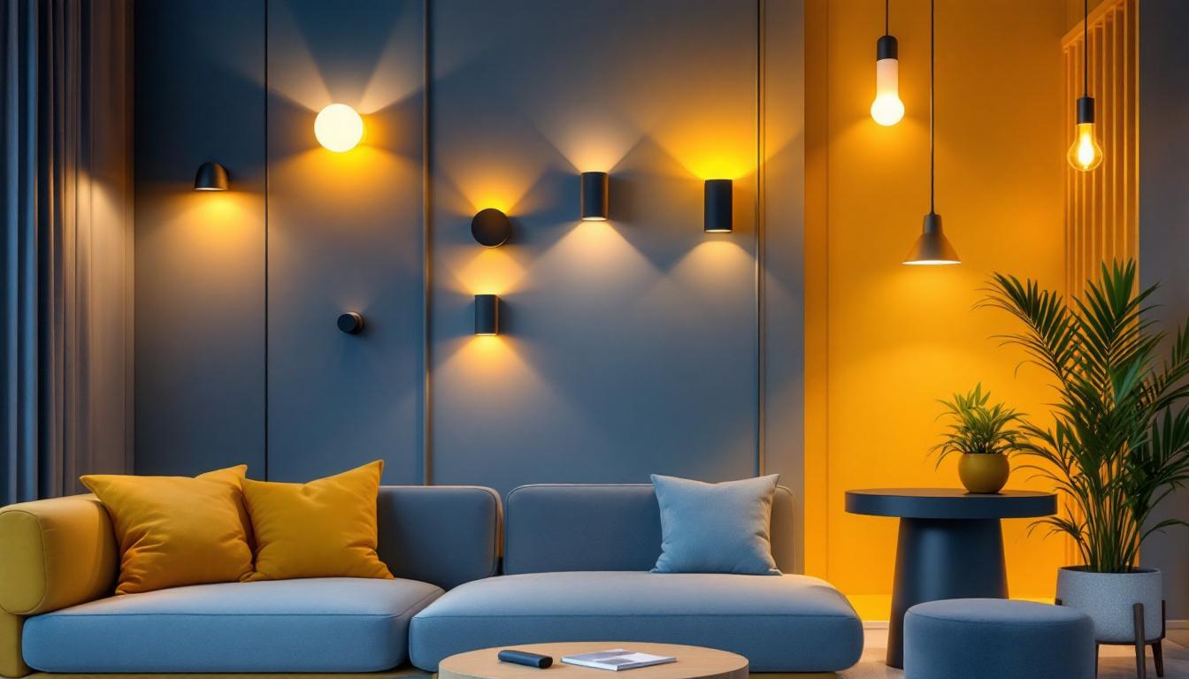 A photograph of a stylish and modern interior space showcasing a variety of wall light designs