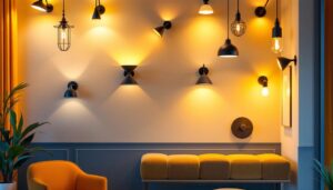 A photograph of a beautifully designed interior space showcasing a variety of stylish wall light fixtures