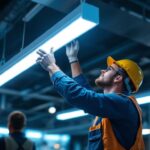 A photograph of a lighting contractor expertly installing a 4ft t8 light fixture in a commercial space