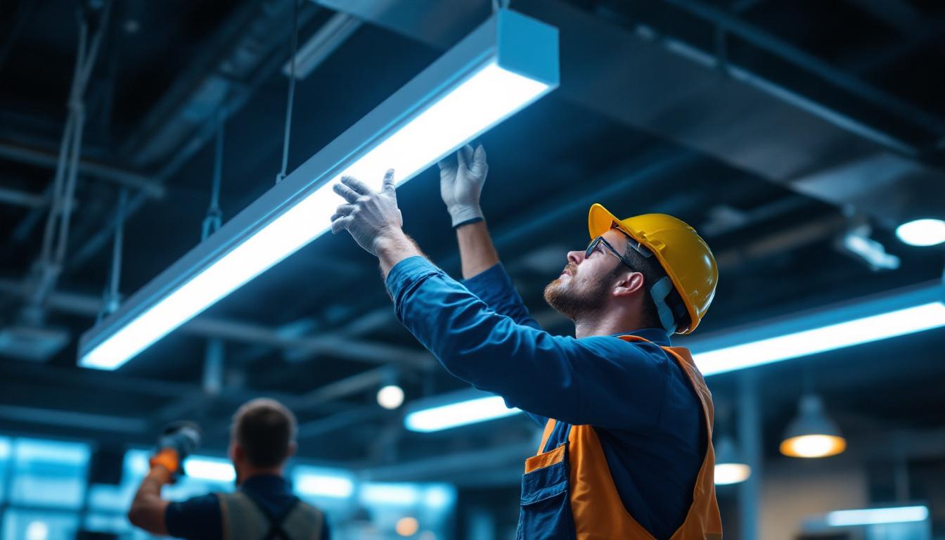 A photograph of a lighting contractor expertly installing a 4ft t8 light fixture in a commercial space