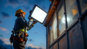 A photograph of a lighting contractor expertly installing a large flood light on a commercial building at dusk