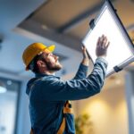 A photograph of a lighting contractor skillfully installing flat panel lights in a modern interior space
