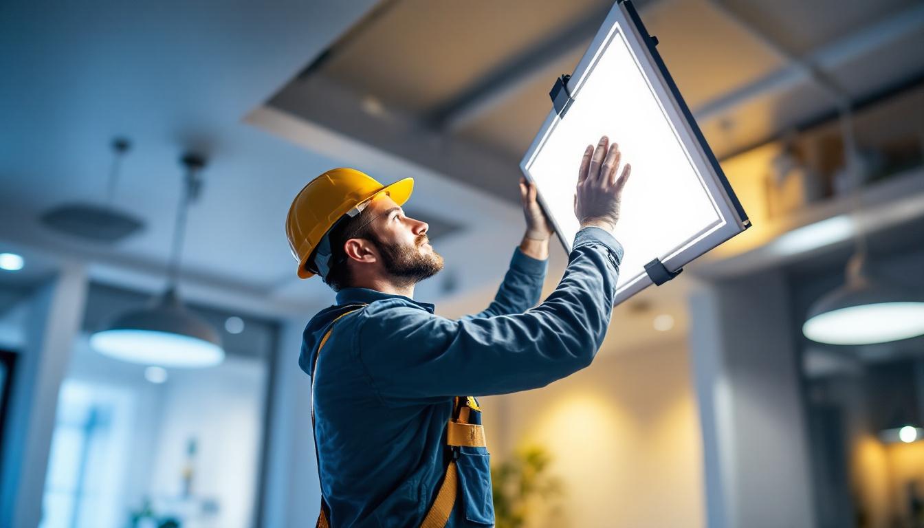 A photograph of a lighting contractor skillfully installing flat panel lights in a modern interior space
