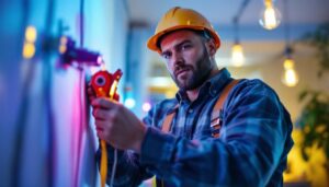 A photograph of a lighting contractor using fish tape with a leader to run electrical wiring in a residential or commercial setting