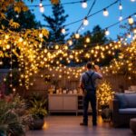 A photograph of a beautifully arranged display of custom length string lights illuminating an outdoor space