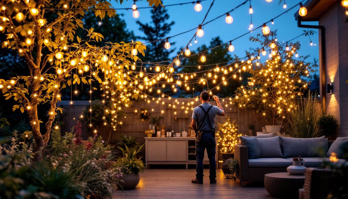 A photograph of a beautifully arranged display of custom length string lights illuminating an outdoor space