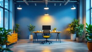 A photograph of a modern office space showcasing various lighting options