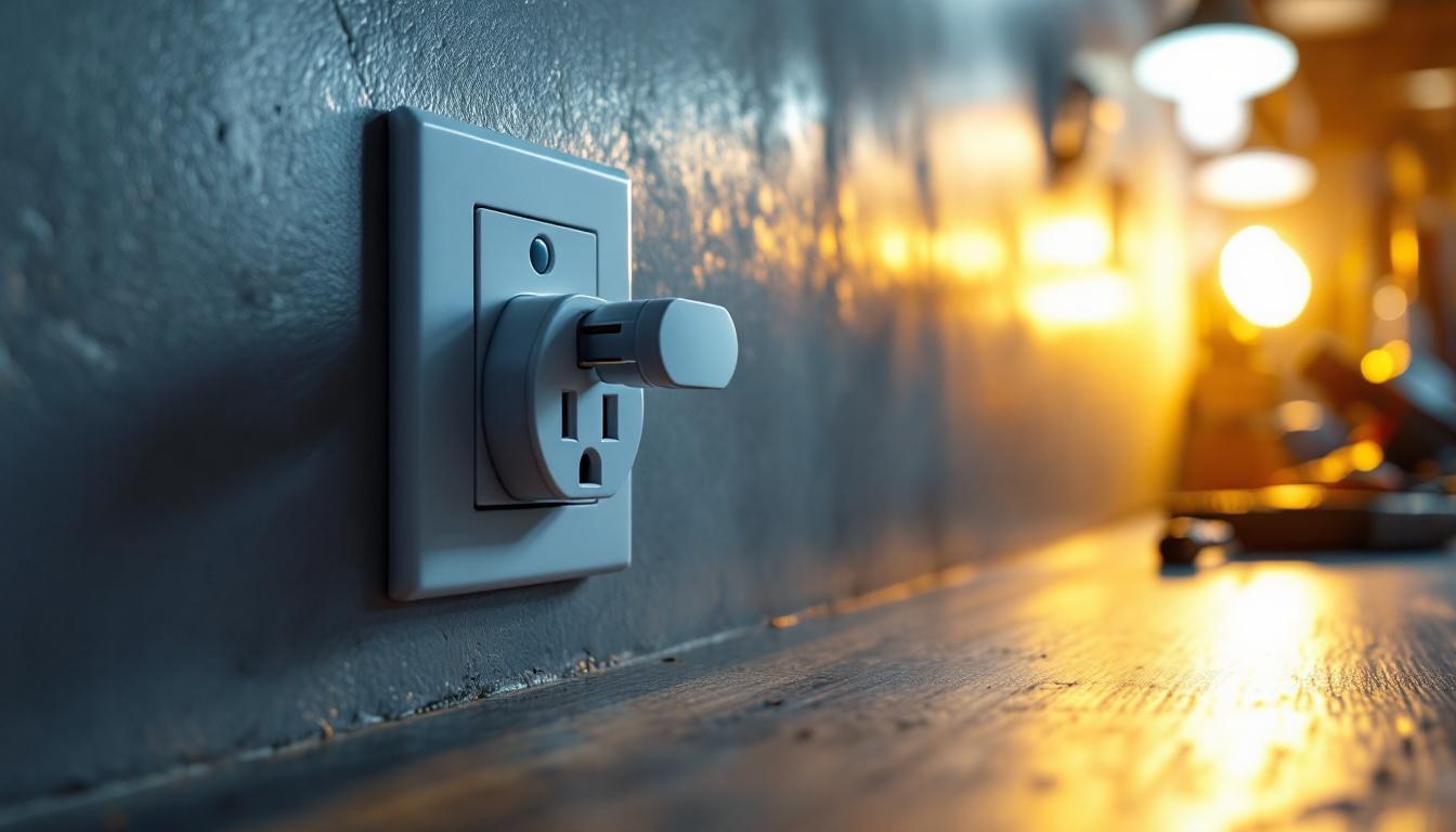 A photograph of a horizontal plug outlet in a well-lit workspace