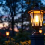A photograph of a beautifully illuminated outdoor lantern mounted on a post in a serene garden setting during twilight