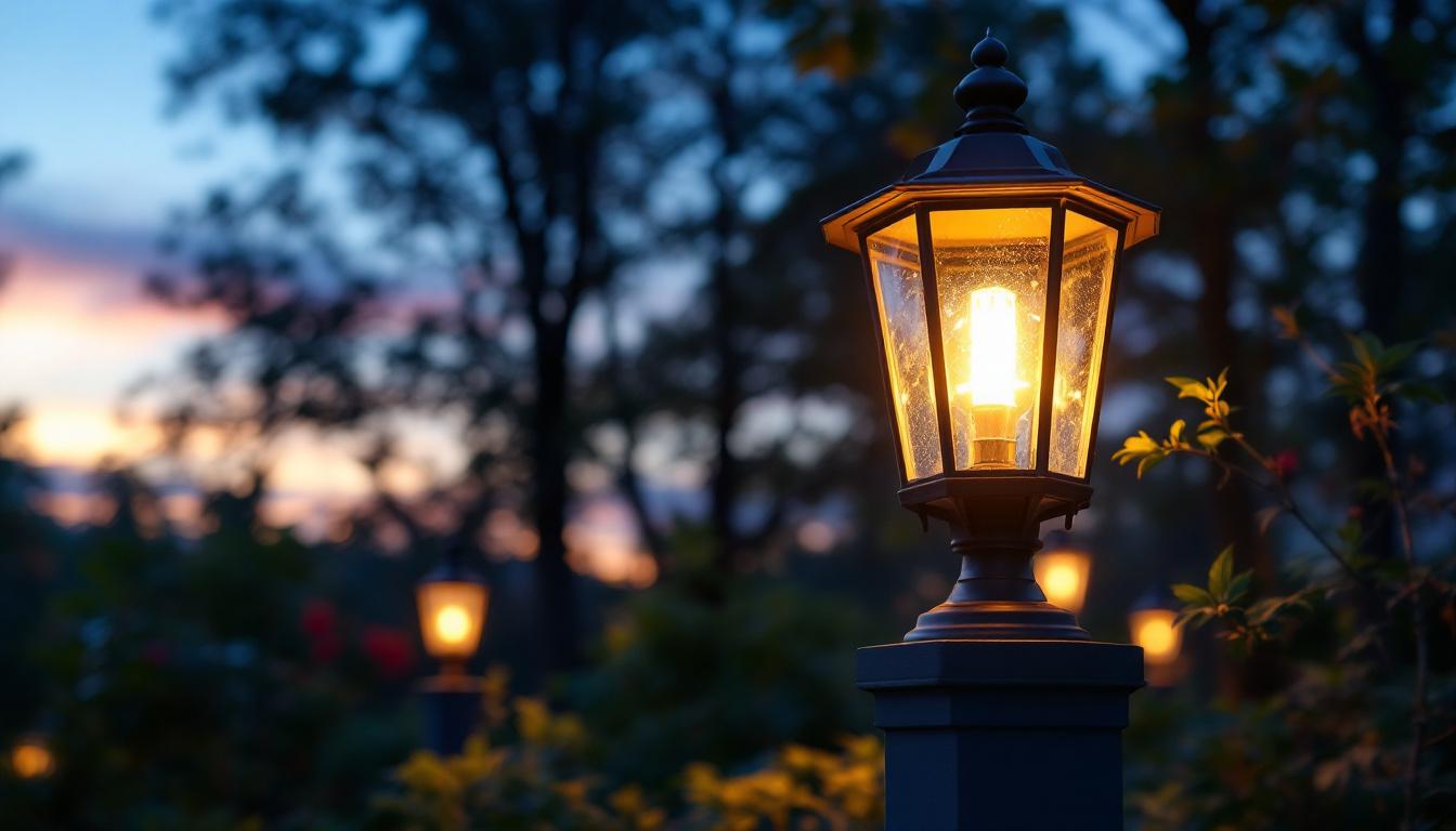 A photograph of a beautifully illuminated outdoor lantern mounted on a post in a serene garden setting during twilight