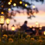 A photograph of a beautifully arranged outdoor scene featuring various styles of solar lanterns illuminating a garden or patio space during twilight