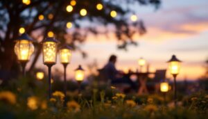 A photograph of a beautifully arranged outdoor scene featuring various styles of solar lanterns illuminating a garden or patio space during twilight