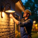A photograph of a lighting contractor skillfully installing outdoor lighting fixtures in a beautifully landscaped yard during the golden hour