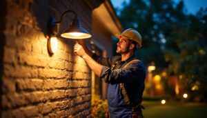 A photograph of a lighting contractor skillfully installing outdoor lighting fixtures in a beautifully landscaped yard during the golden hour