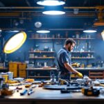 A photograph of a well-organized lighting contractor's workspace featuring high output led lamps in use