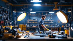 A photograph of a well-organized lighting contractor's workspace featuring high output led lamps in use