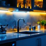 A photograph of a beautifully lit kitchen showcasing under-cabinet led lights illuminating the countertop
