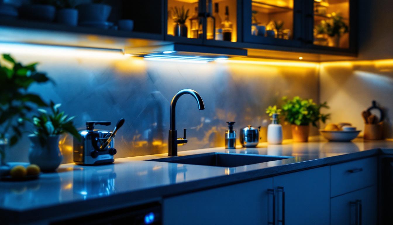 A photograph of a beautifully lit kitchen showcasing under-cabinet led lights illuminating the countertop