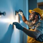 A photograph of a lighting contractor skillfully installing led light bulbs and dimmer switches in a modern home setting