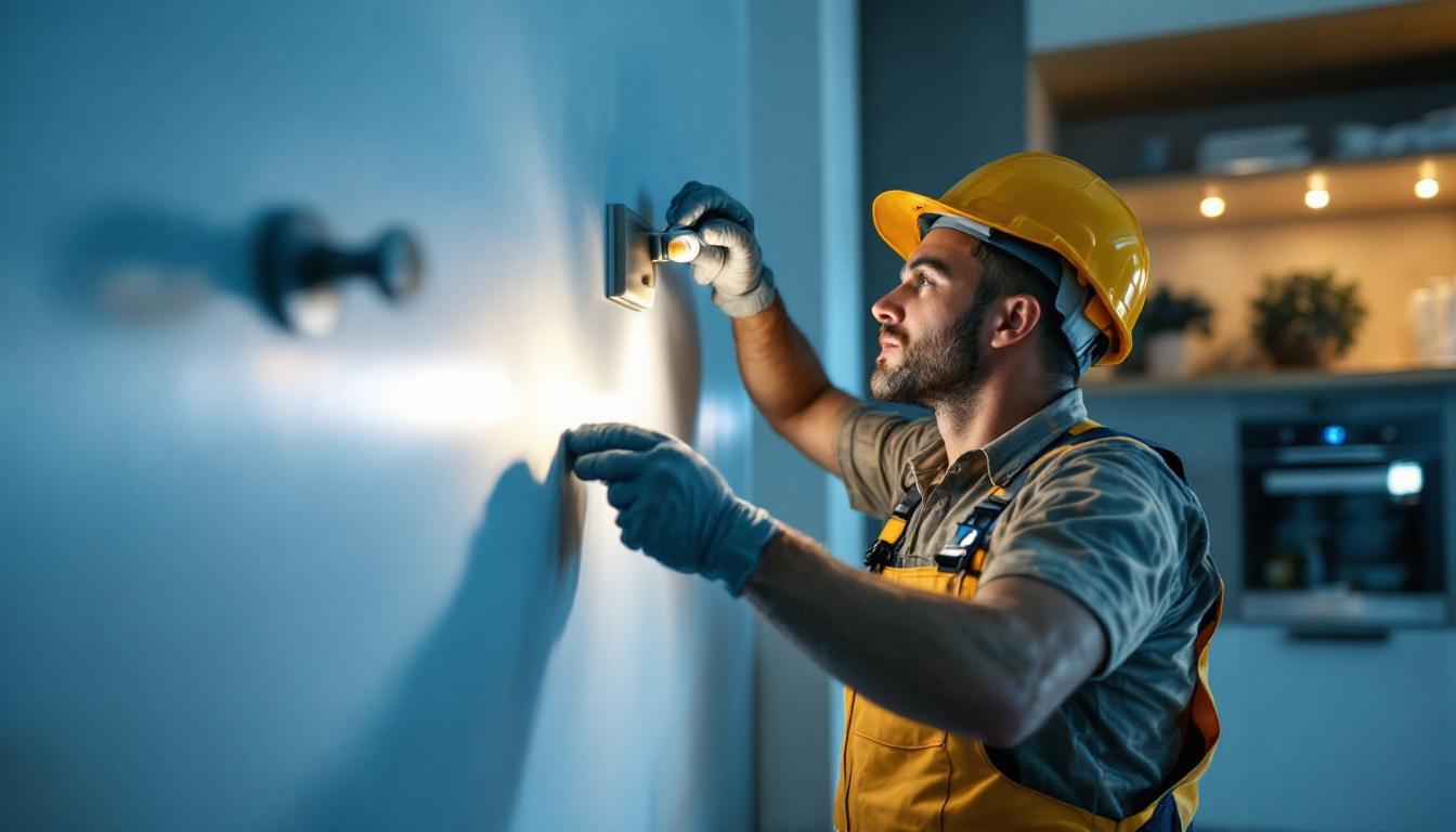 A photograph of a lighting contractor skillfully installing led light bulbs and dimmer switches in a modern home setting