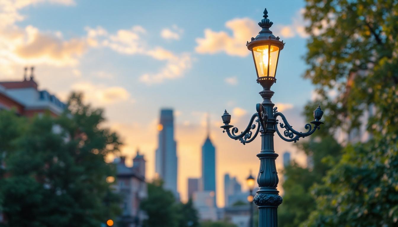 A photograph of a beautifully designed decorative street lamp in a vibrant urban setting