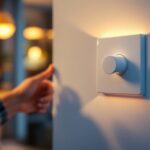 A photograph of a lighting contractor installing a sleek led toggle dimmer switch in a modern home setting