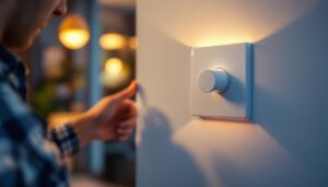 A photograph of a lighting contractor installing a sleek led toggle dimmer switch in a modern home setting
