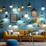 A photograph of a well-organized display of various lighting fixtures in a stylish home setting