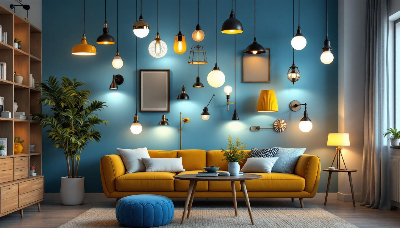 A photograph of a well-organized display of various lighting fixtures in a stylish home setting