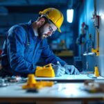 A photograph of a lighting contractor meticulously inspecting a surface mount panel installation