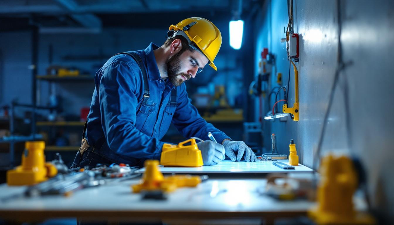 A photograph of a lighting contractor meticulously inspecting a surface mount panel installation