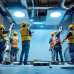 A photograph of a dynamic construction site where workers are actively installing or adjusting high-efficiency lighting fixtures