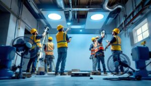 A photograph of a dynamic construction site where workers are actively installing or adjusting high-efficiency lighting fixtures