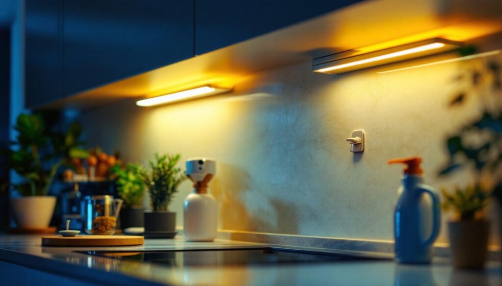 A photograph of a well-lit kitchen showcasing sleek under-cabinet fluorescent light fixtures illuminating the countertop