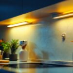 A photograph of a well-lit kitchen showcasing sleek under-cabinet fluorescent light fixtures illuminating the countertop